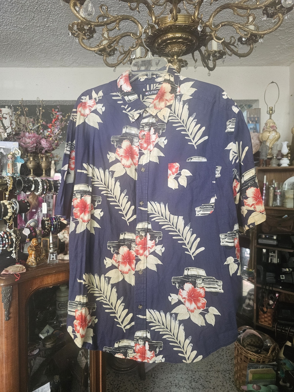 Puritan Navy and Beige Tropical Print Shirt